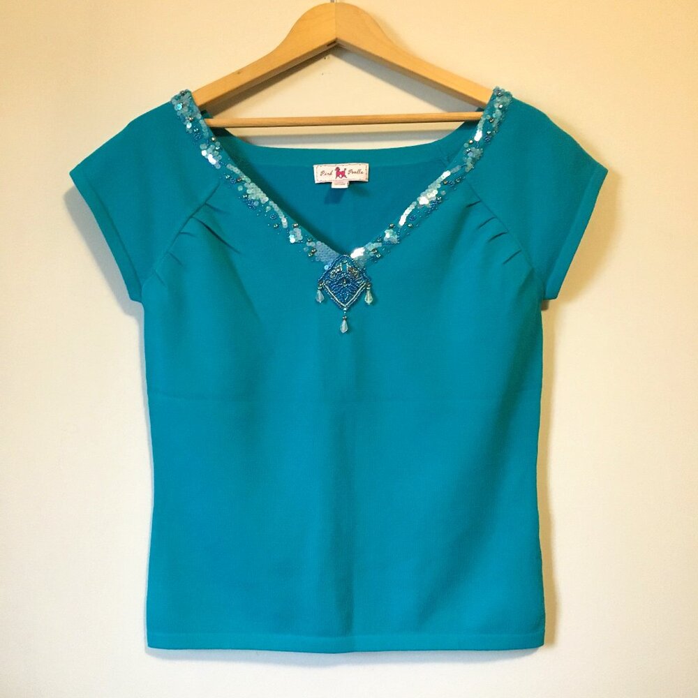 Pink Poodle M Teal Mermaidcore Beaded Top Sequin Scale Diamond Cap Sleeve Knit